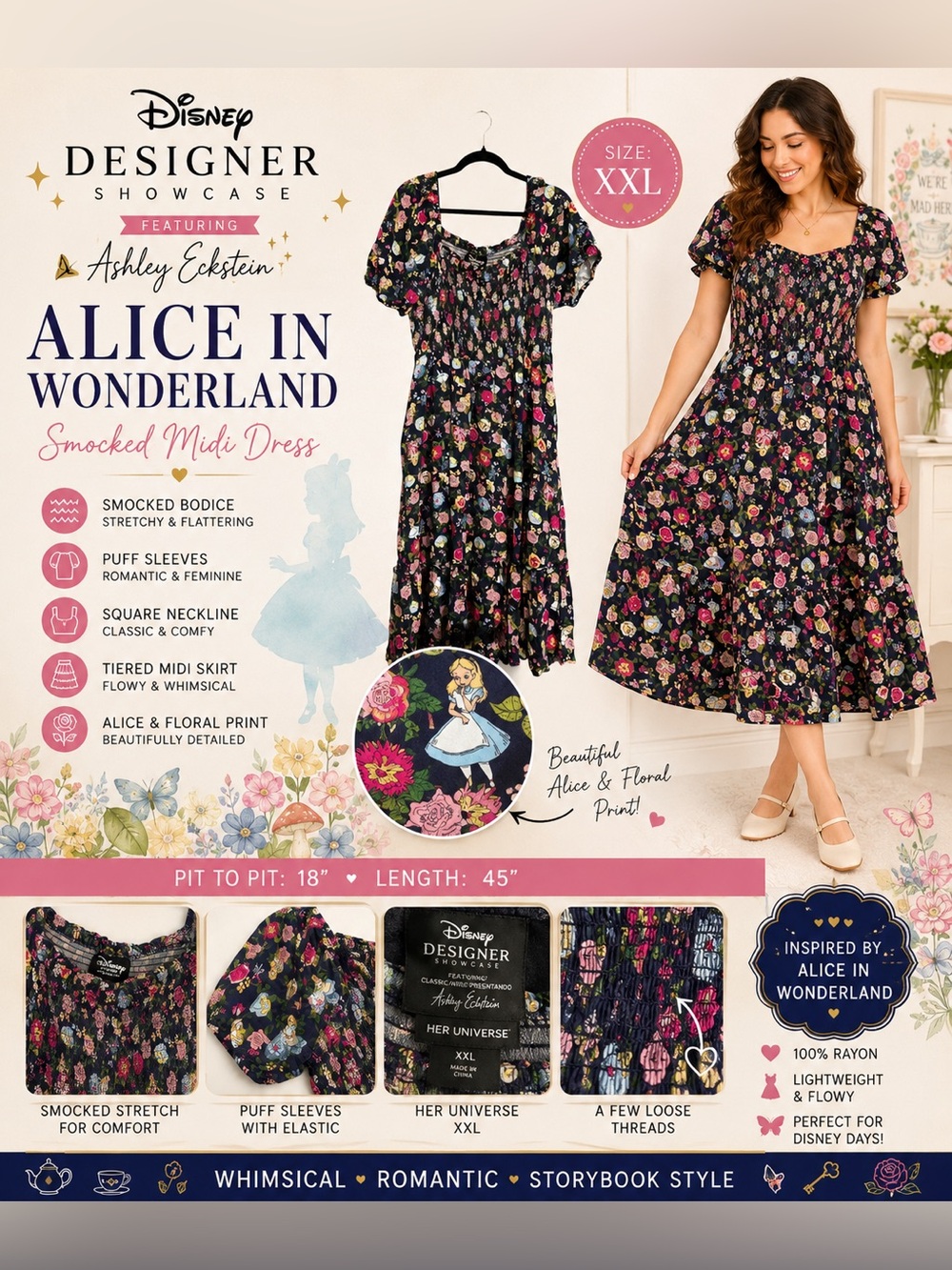 Her Universe Disney Alice in Wonderland Black Floral Smocked Midi Dress